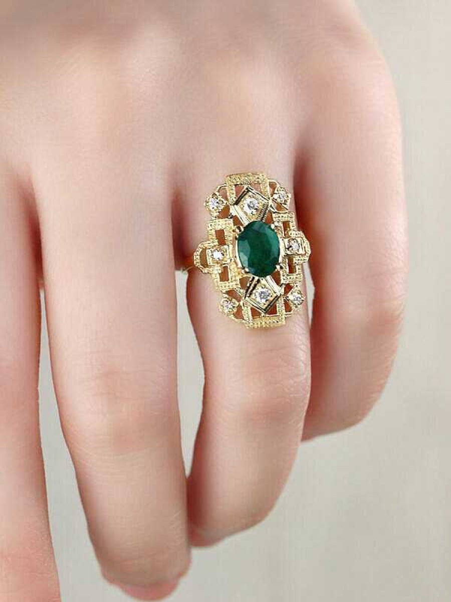 Stones & Gold Rings | 8X6Mm Natural Emerald And Diamond Art Deco Vintage Inspired Design Solid 14 Karat Gold Engagement Ring