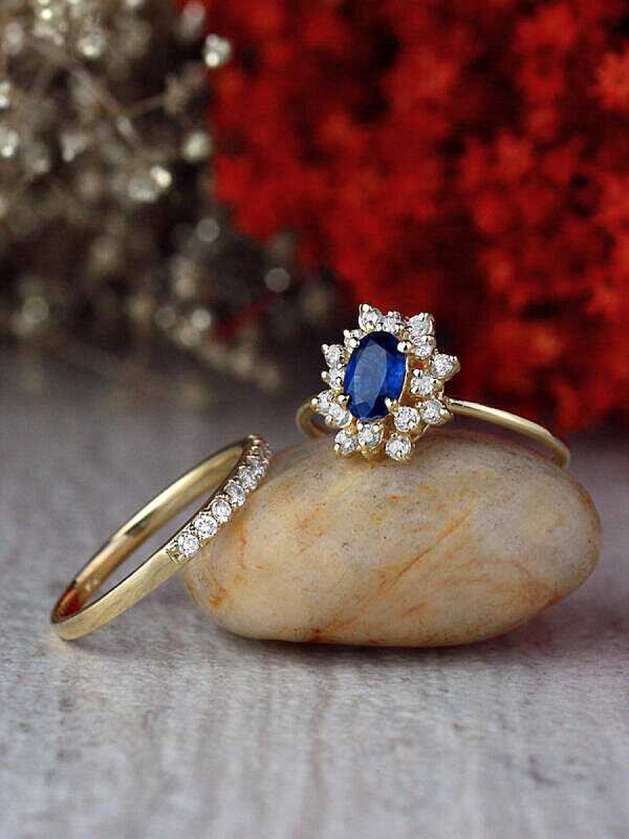 Stones & Gold Rings | Set: Blue Sapphire And Celestial Diamond Halo Ring And 1.9Mm Diamond 14K Gold Band