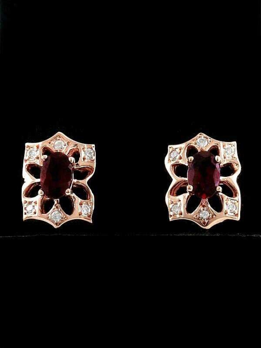 Stones & Gold Earrings | 6X4Mm Oval Garnet Solid 14 Karat Gold Floral Earrings