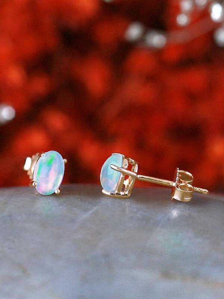 Stones & Gold Earrings | 6X4Mm Opal Stud Solid 14 Karat Gold Stud Earrings