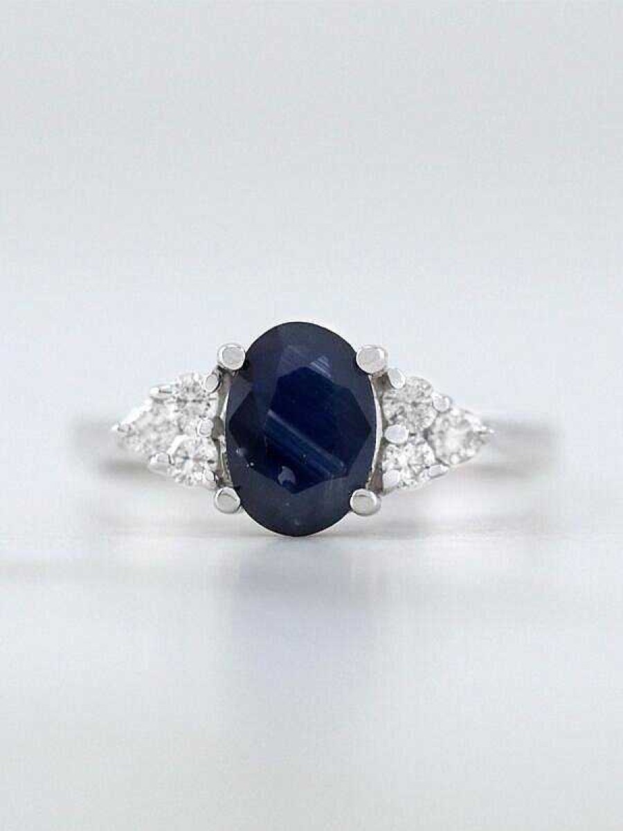 Stones & Gold Rings | 5X7Mm Blue Sapphire And Diamond Solid 14K Gold Engagement Ring