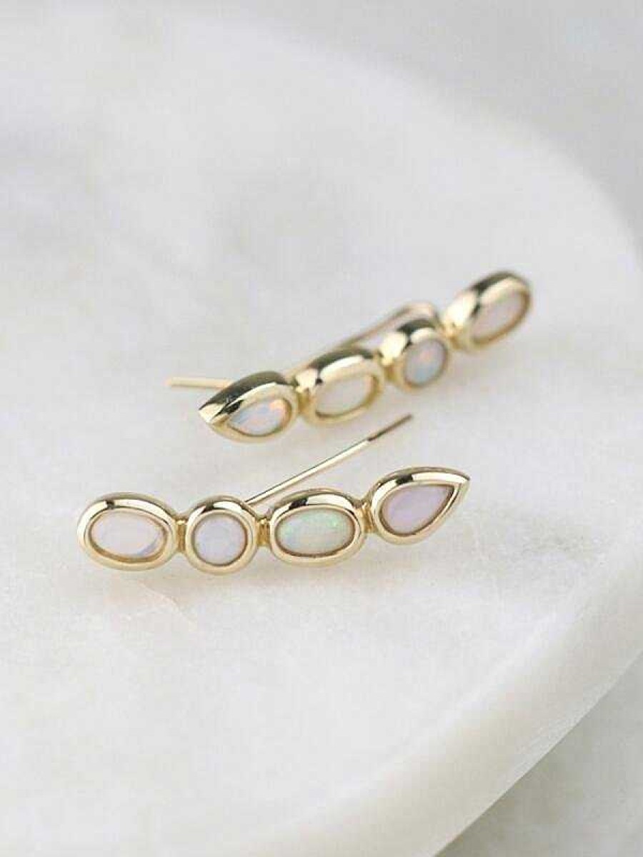 Stones & Gold Earrings | Natural Australian Opal Mixed-Shape Solid 14 Karat Gold Climber Earrings