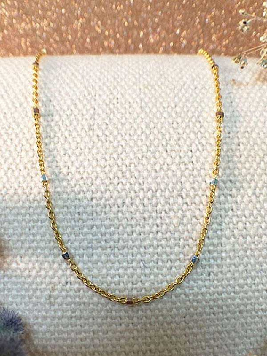 Stones & Gold Necklaces | Link Chain Necklace With Square Cubes | Solid Gold Chain | Rose Gold Chain | 16 Inches | Spring Lock | Fine Jewelry | Free Shipping