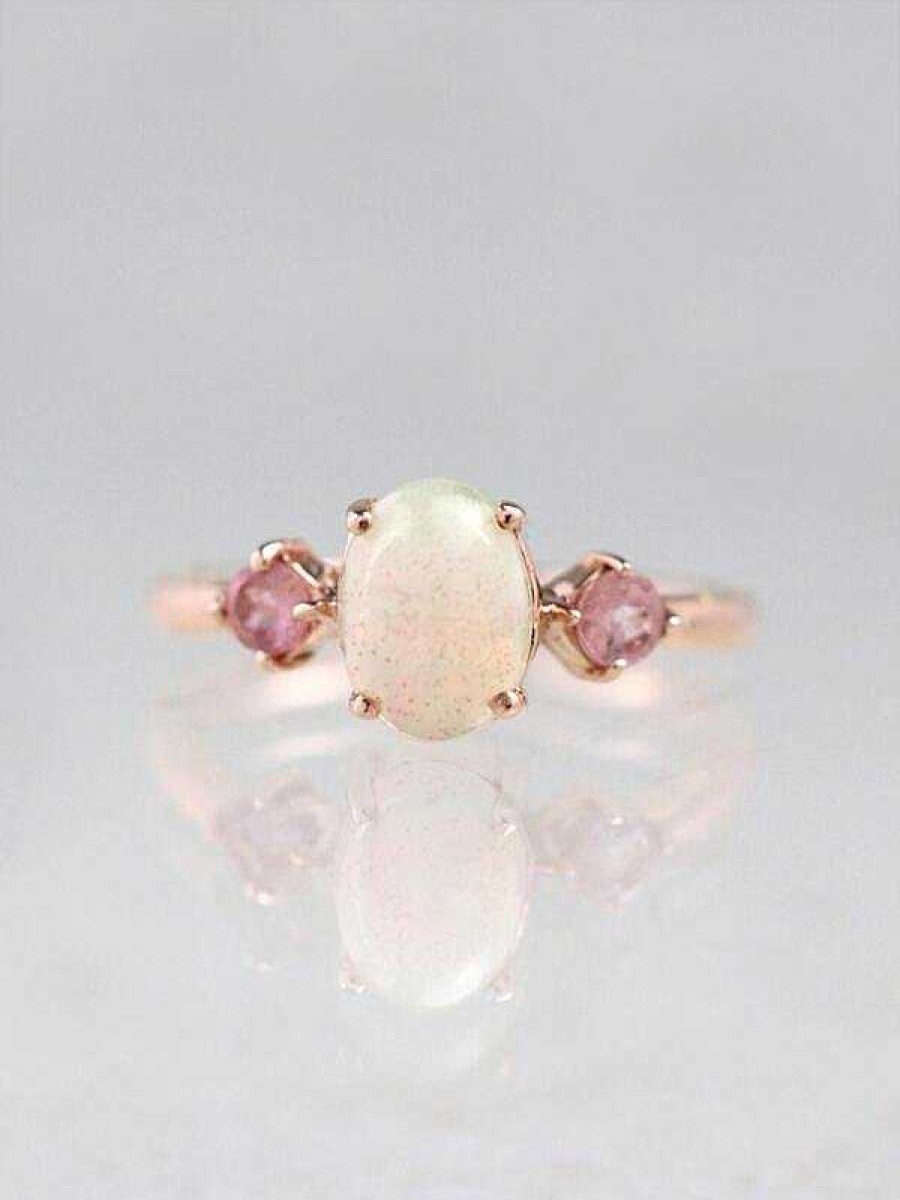 Stones & Gold Rings | 8X6Mm Natural Oval Opal With Blush Pink Tourmaline Solid 14 Karat Gold Three Stone Ring