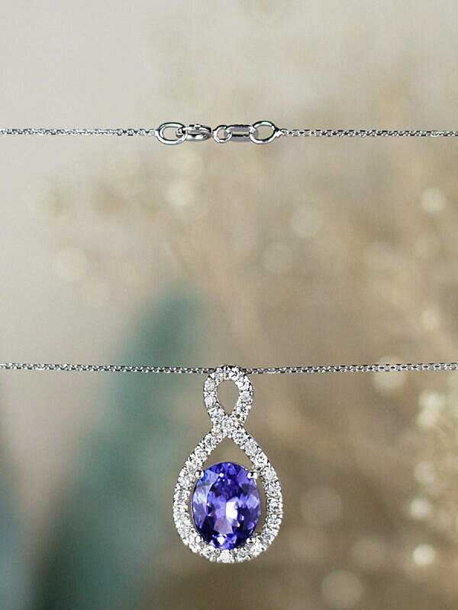 Stones & Gold Necklaces | 10X8Mm Oval Tanzanite Infinity Diamond Halo Solid 14 Karat Gold Pendant Necklace