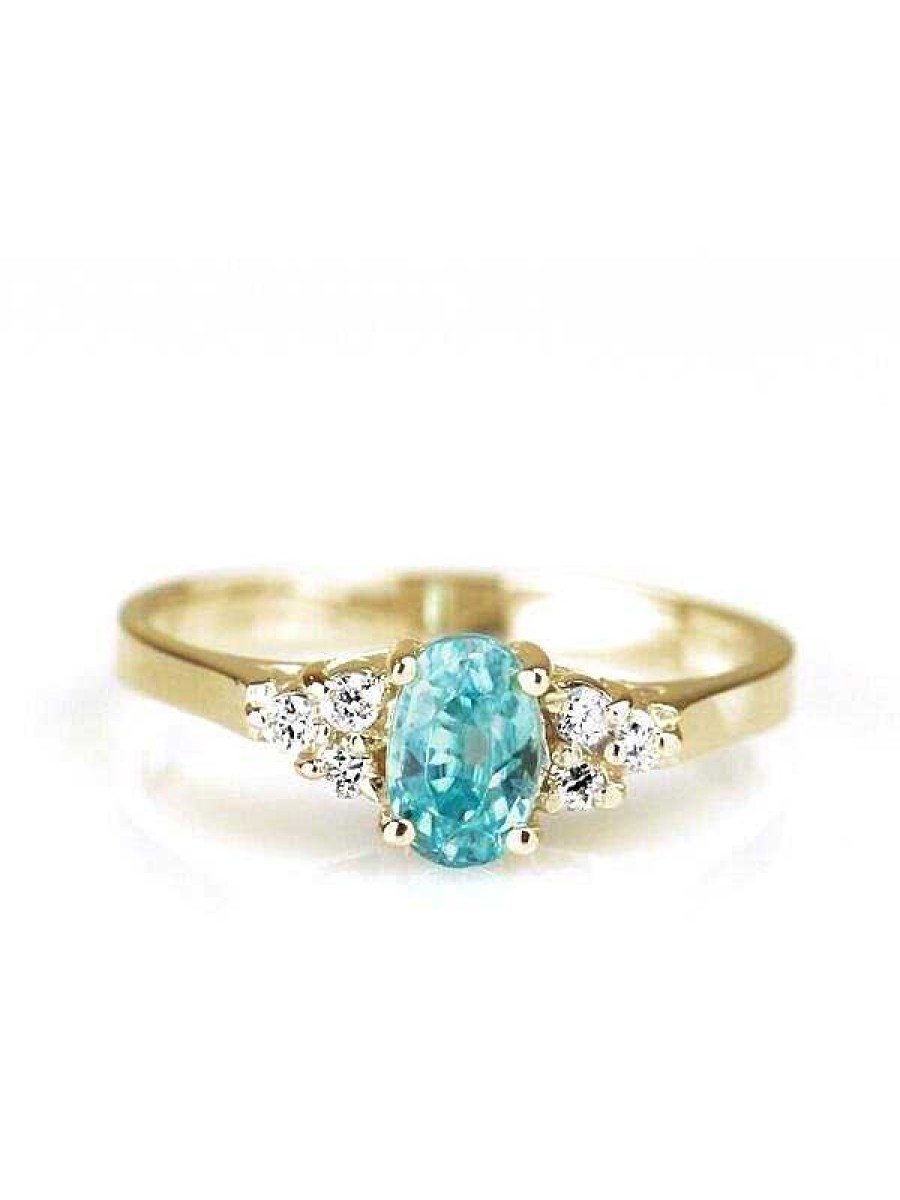 Stones & Gold Rings | 6X4Mm Blue Zircon And Diamond Engagement Solid 14K Gold Colored Stone Wedding Ring