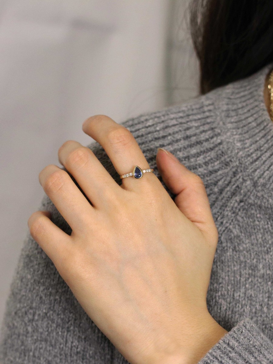 Stones & Gold Rings | Pear Shaped Blue Sapphire Bezel Engagement Ring