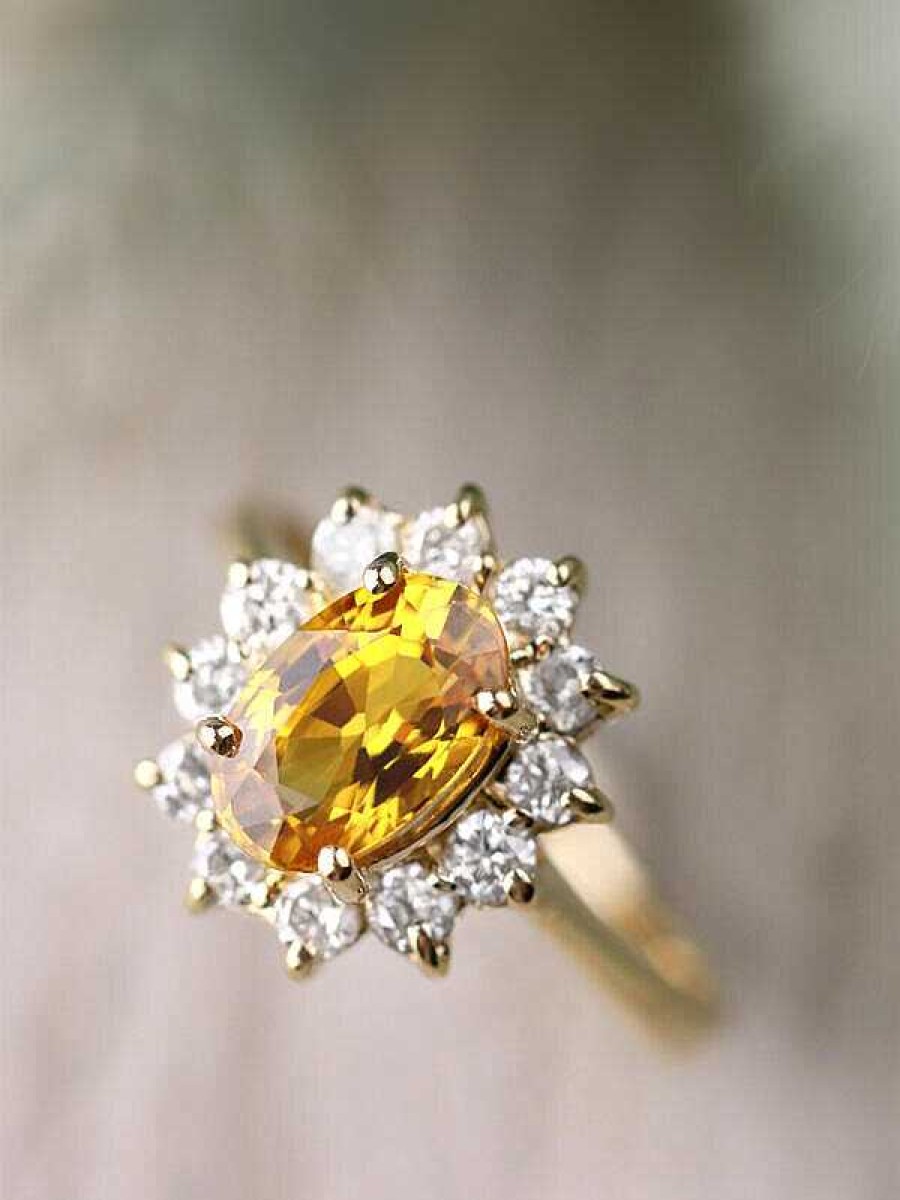 Stones & Gold Rings | 8X6Mm Natural Yellow Sapphire Classic Diamond Halo Solid 14 Karat Gold Engagement Ring