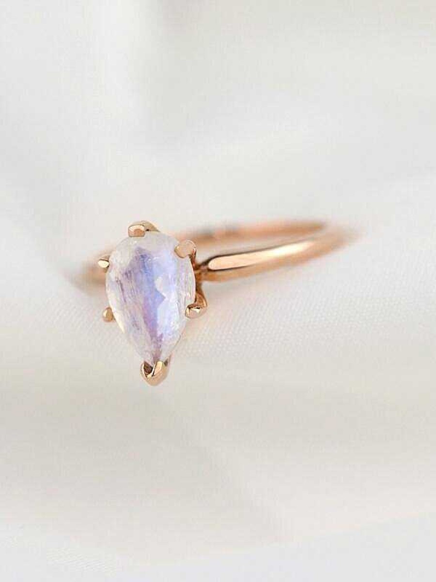 Stones & Gold Rings | 13.5X9.5Mm Pear Shaped Rainbow Moonstone Solid 14K Gold Engagement Ring