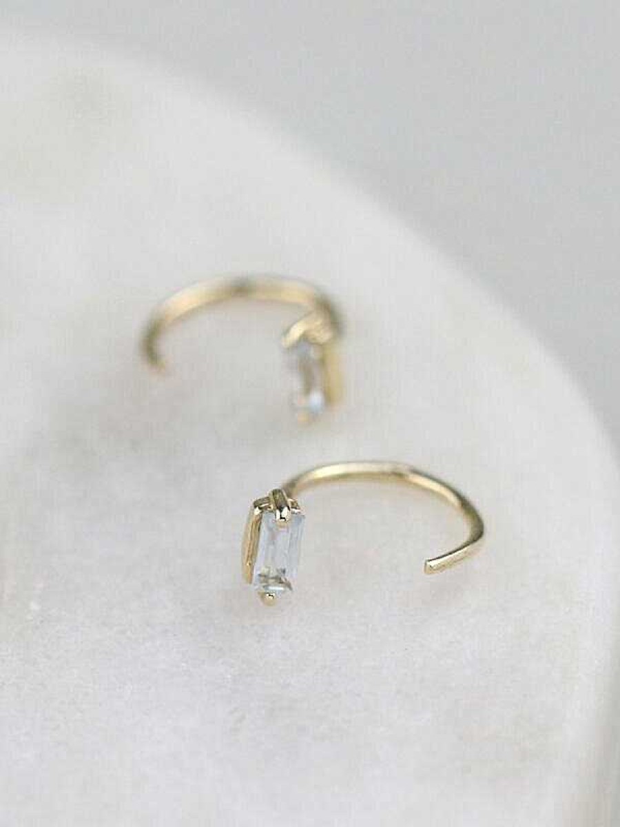 Stones & Gold Earrings | Baguette White Sapphire Solid 14K Gold Open Huggie Earrings