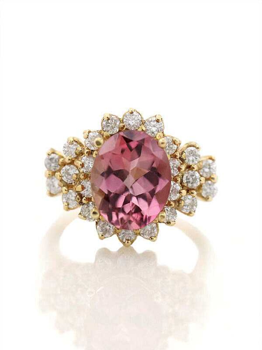 Stones & Gold Rings | 3.72Ct Coral Pink Tourmaline Diamond 14K Gold Cluster Ring