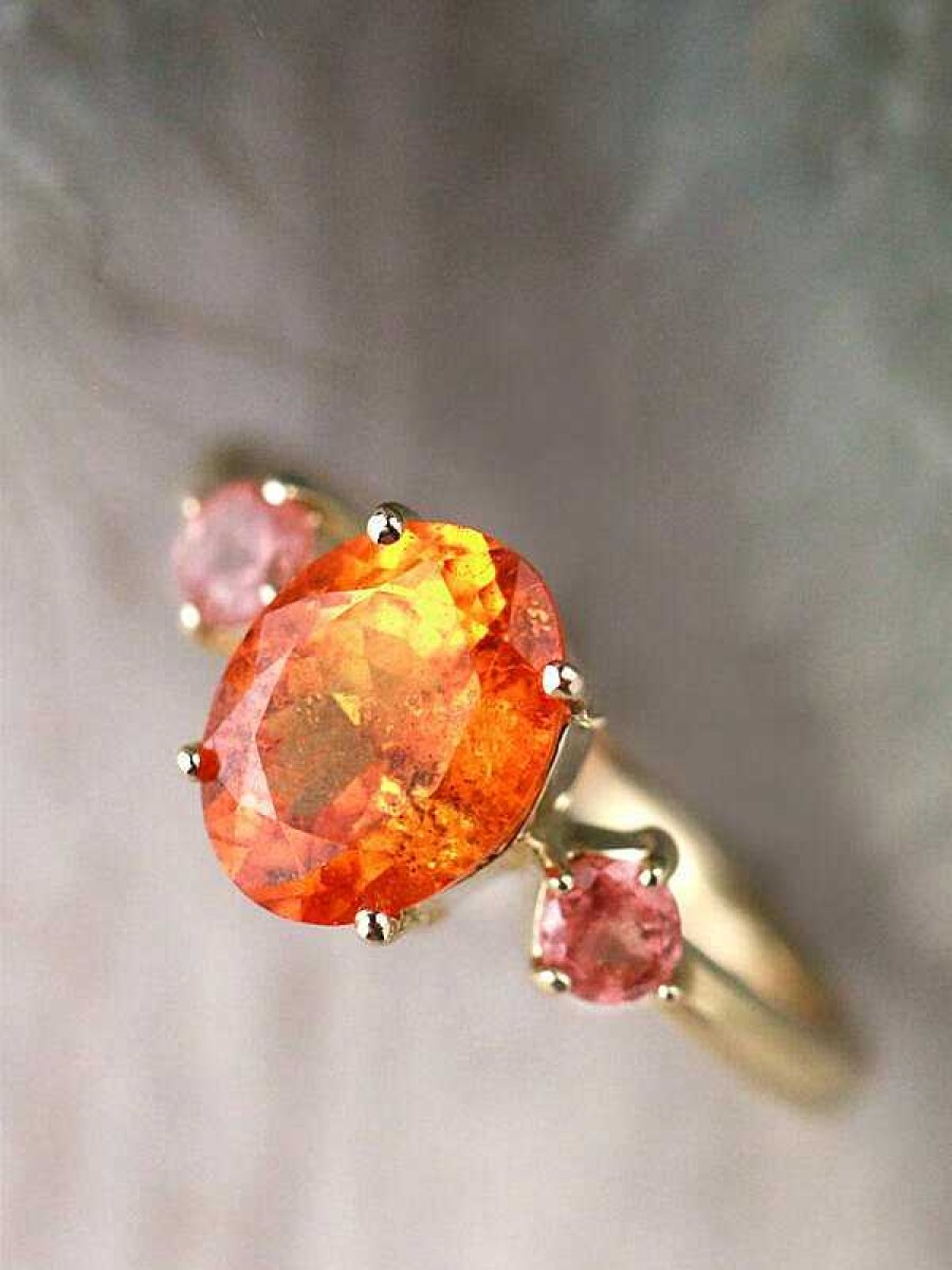 Stones & Gold Rings | 9X7Mm Natural Oval Mandarin Garnet And Coral Tourmaline Solid 14 Karat Gold Ring