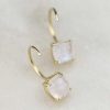 Stones & Gold Earrings | Cushion Rainbow Moonstone Solid 14K Open Huggie Earrings