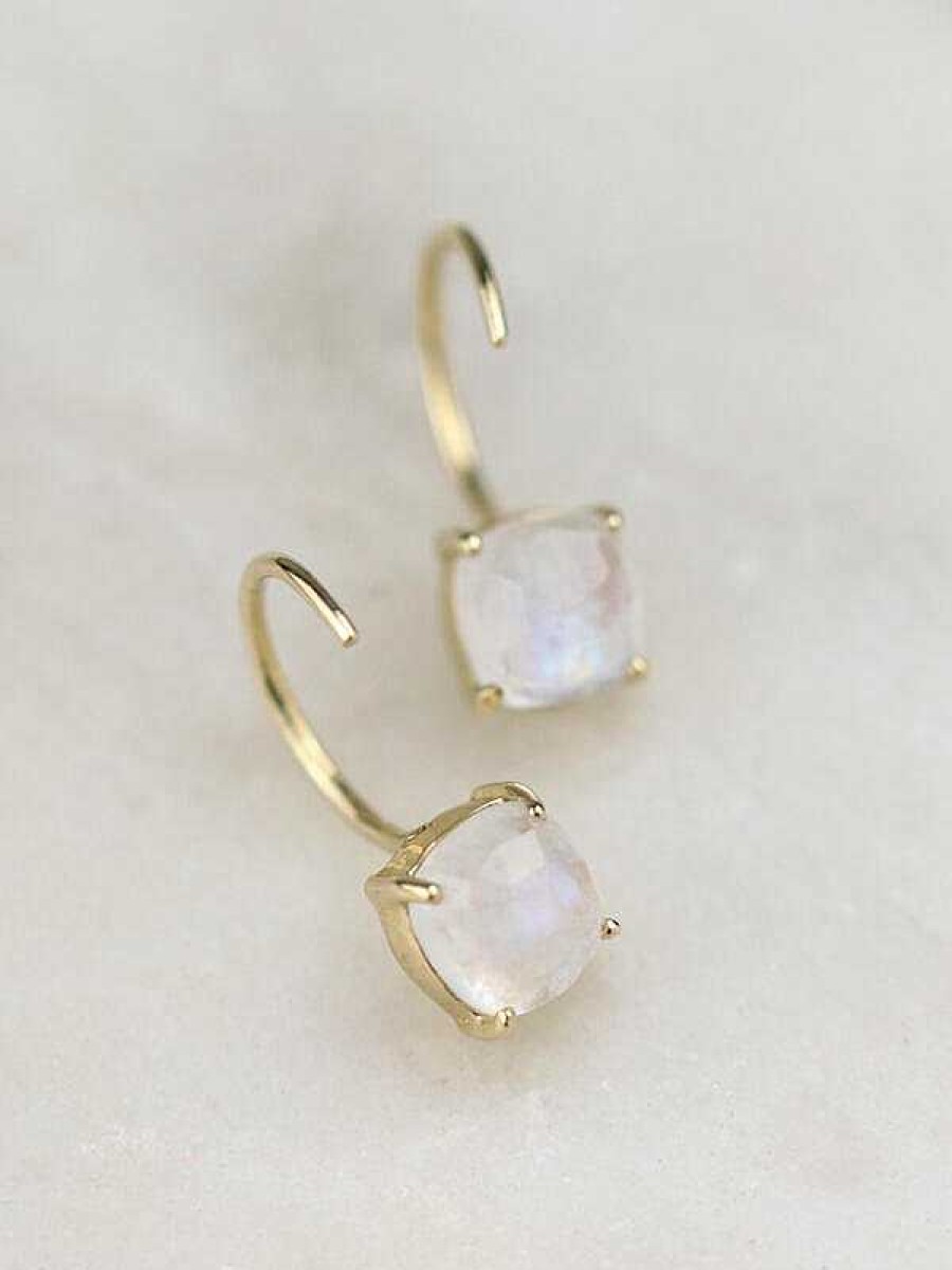 Stones & Gold Earrings | Cushion Rainbow Moonstone Solid 14K Open Huggie Earrings