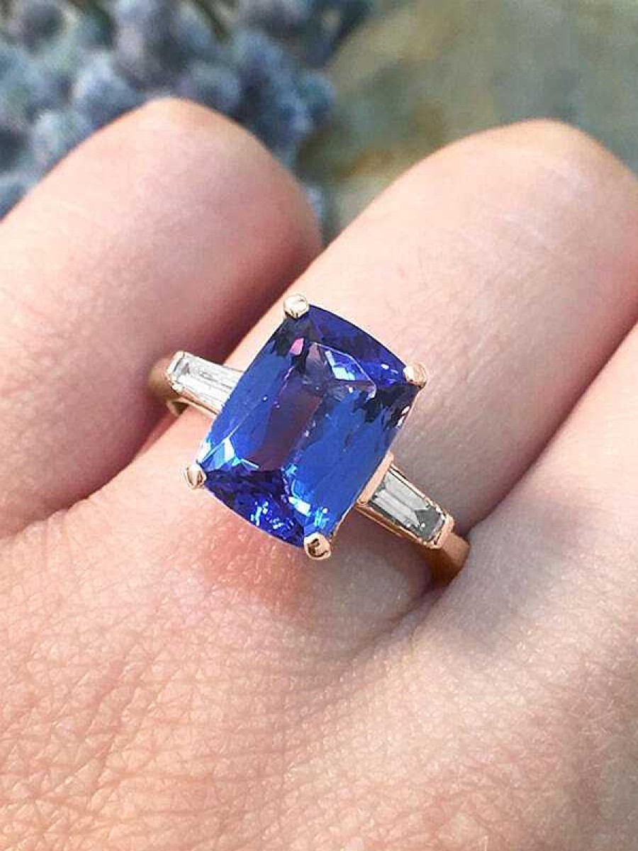 Stones & Gold Rings | Tanzanite And Baguette Diamond Cocktail Solid Gold (14Kr) Colored Stone Estate Ring