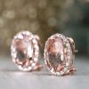 Stones & Gold Earrings | 14X10Mm Morganite And Diamond Halo Solid 14 Karat Gold French Clip Earrings