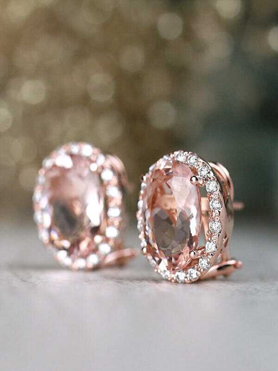 Stones & Gold Earrings | 14X10Mm Morganite And Diamond Halo Solid 14 Karat Gold French Clip Earrings