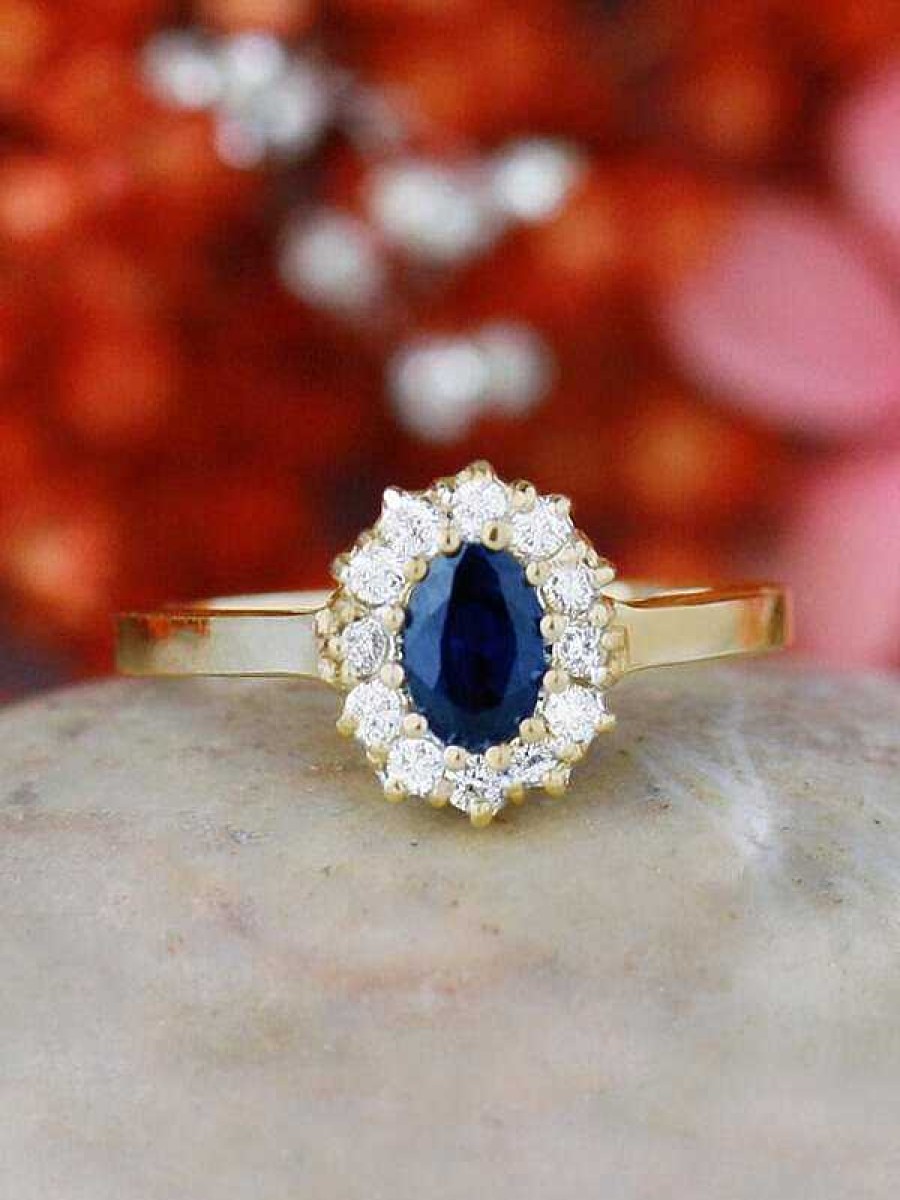 Stones & Gold Rings | Blue Sapphire And Diamond Halo Engagement Ring | Prong Setting | Polished Finish | Solid 14K Gold