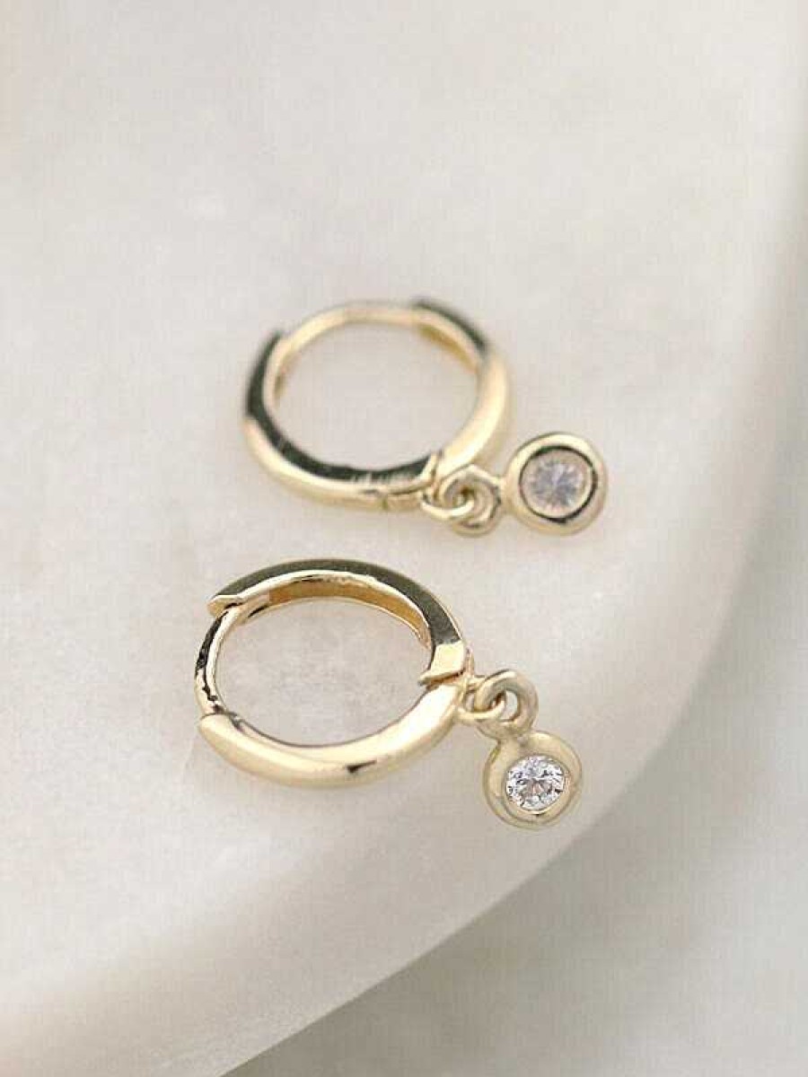 Stones & Gold Earrings | Petite Diamond Bezel Shaky Solid 14K Gold Huggie Earrings