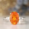 Stones & Gold Rings | 10X8Mm Natural Orange Garnet Baguette Diamond Three Stone Solid 14 Karat Gold Engagement Ring