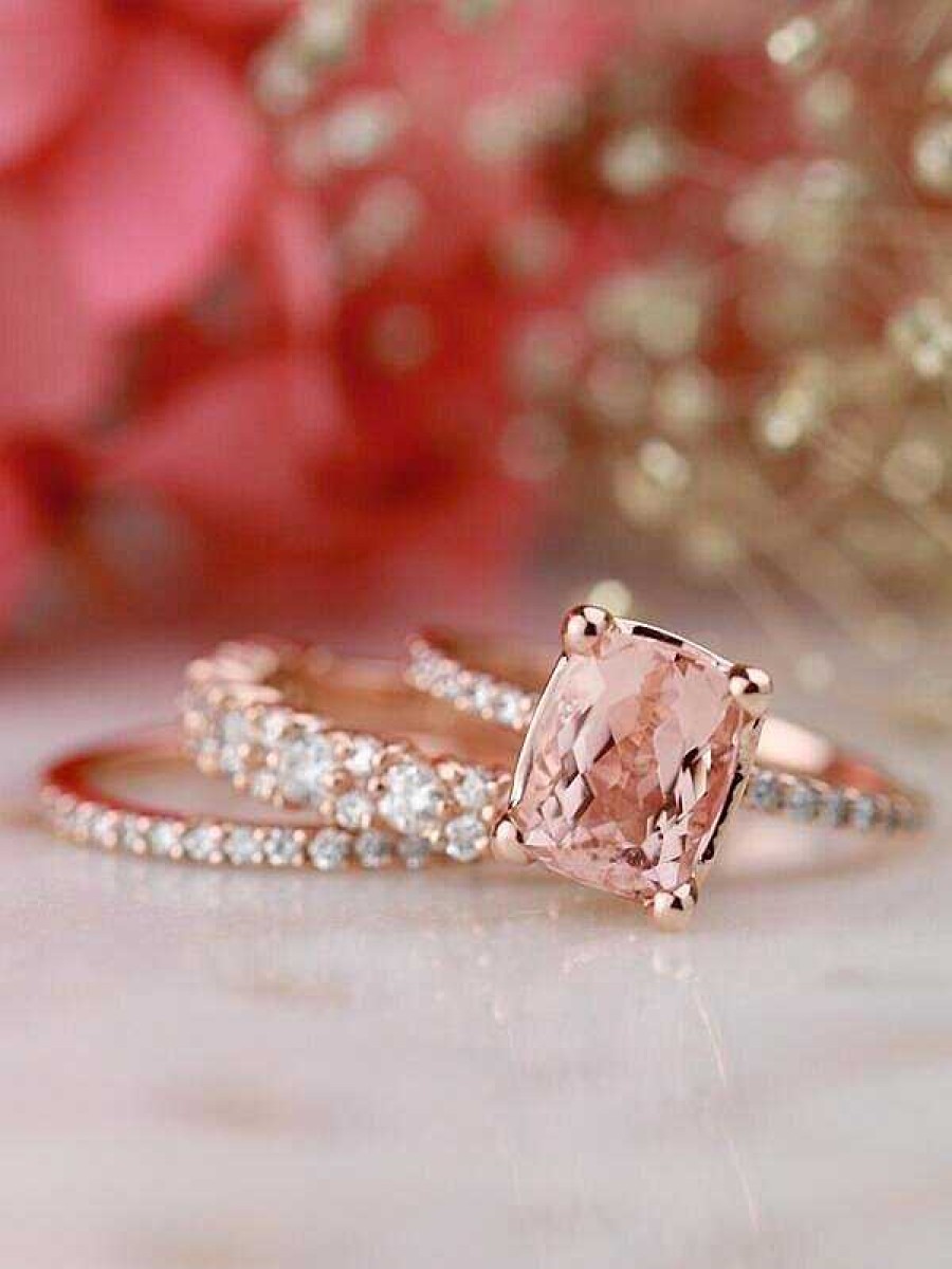 Stones & Gold Rings | Set: Cushion Cut Morganite + Diamond Eternity + Diamond Cluster Solid 14 Karat Gold Rings