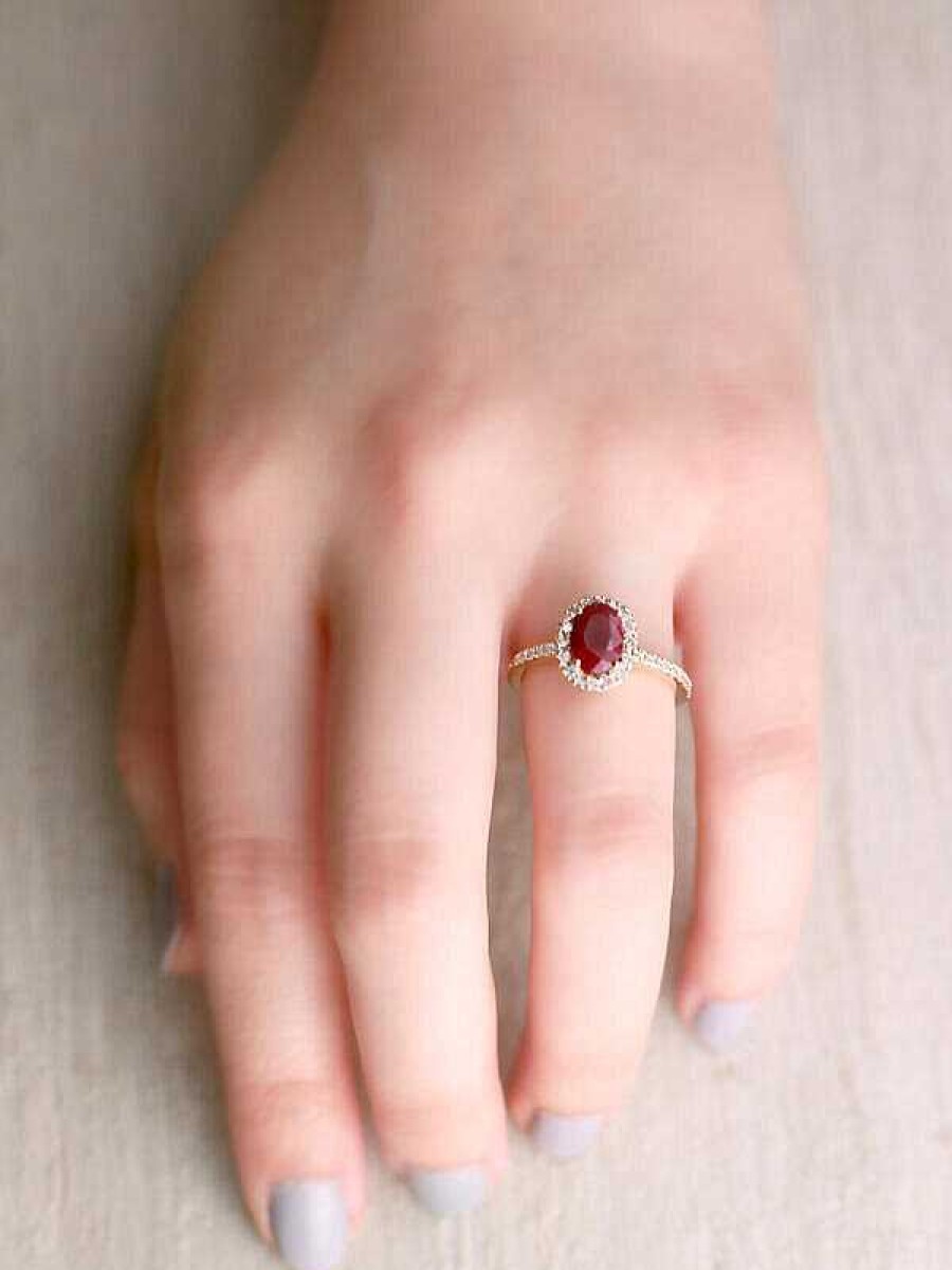 Stones & Gold Rings | 8X6Mm Natural Oval Ruby And Diamond Halo Solid 14 Karat Gold Engagement Ring