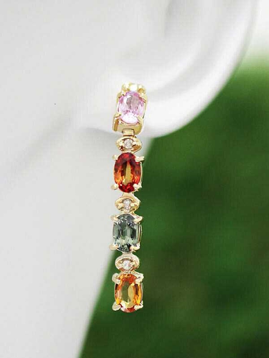 Stones & Gold Earrings | 6X4Mm Multicolor Sapphire And Diamond Dangle Solid Gold (14Ky) Colored Stone Earrings