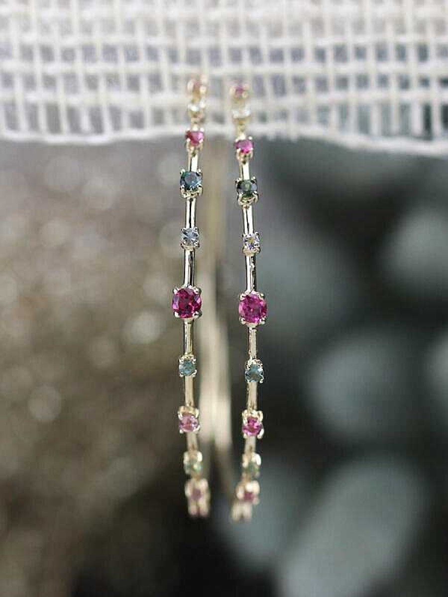 Stones & Gold Earrings | Rainbow Tourmaline Spiral Solid 14 Karat Gold Hoop Earrings