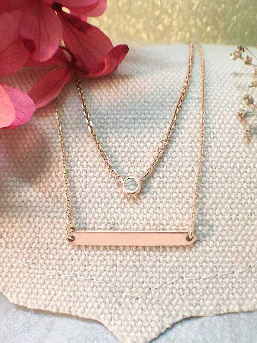 Stones & Gold Necklaces | Set: Diamond Pendant Solid Gold (14Kr) Necklace And Bar Solid 14Kr Chain Necklace