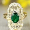 Stones & Gold Rings | 8X6Mm Natural Emerald And Diamond Art Deco Solid 14 Karat Gold Engagement Ring