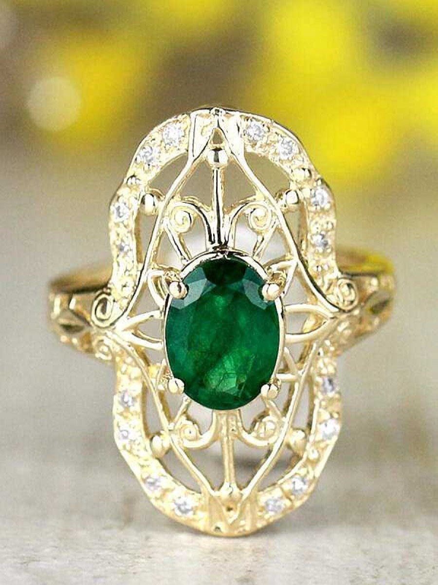 Stones & Gold Rings | 8X6Mm Natural Emerald And Diamond Art Deco Solid 14 Karat Gold Engagement Ring