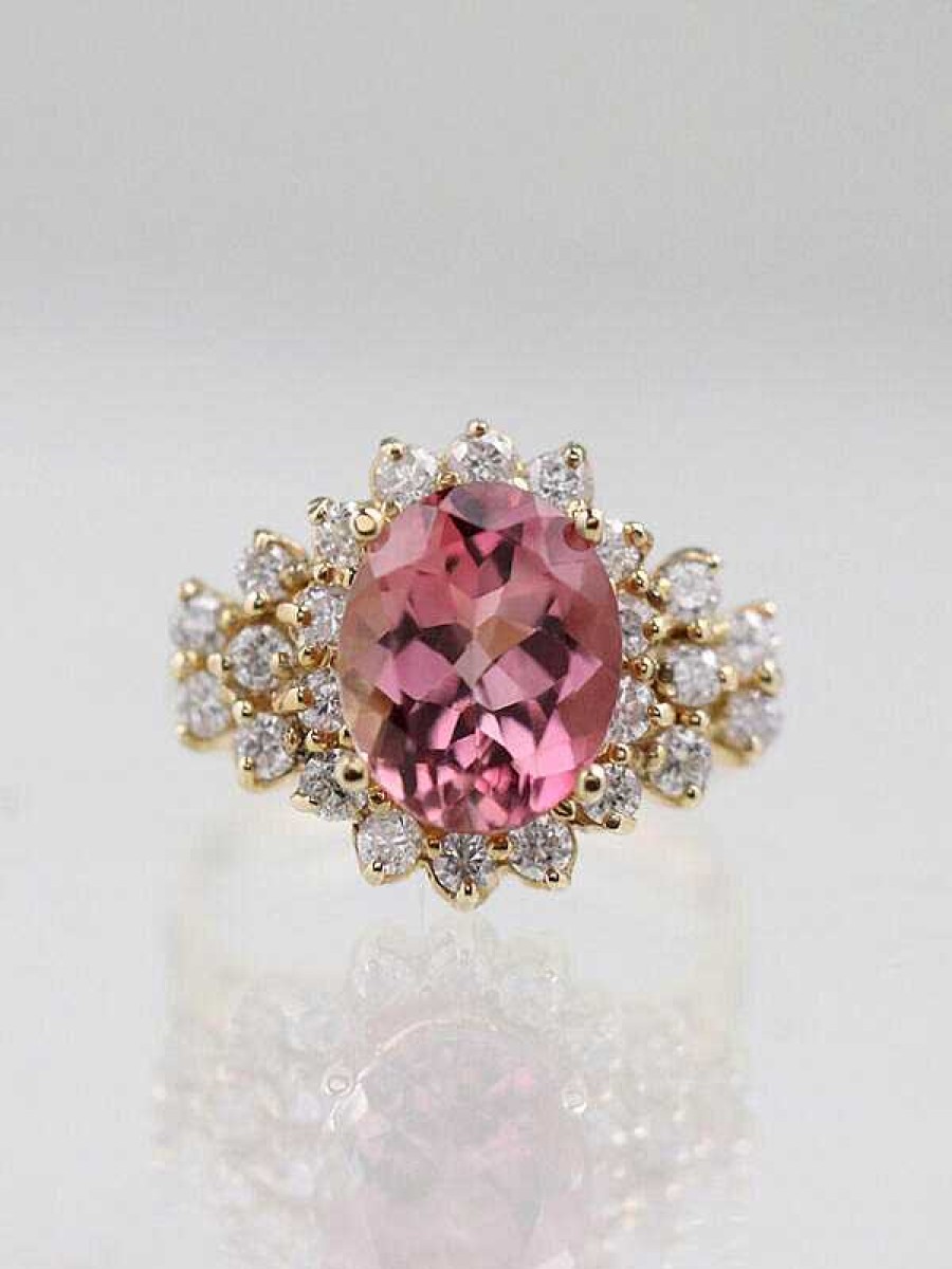 Stones & Gold Rings | 3.72Ct Coral Pink Tourmaline Diamond 14K Gold Cluster Ring