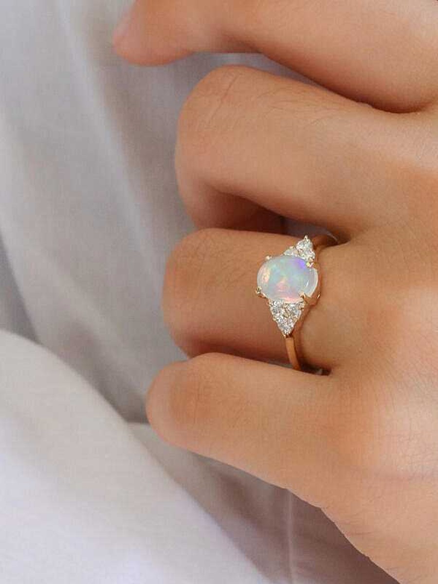 Stones & Gold Rings | 9X7Mm Opal Three Stone Solid 14 Karat Gold Cluster Ring