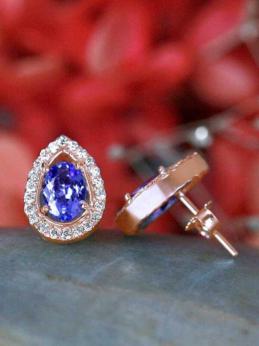 Stones & Gold Earrings | Tanzanite And Diamond Halo Teardrop Stud Solid Gold (14Kw) Colored Stone Earrings