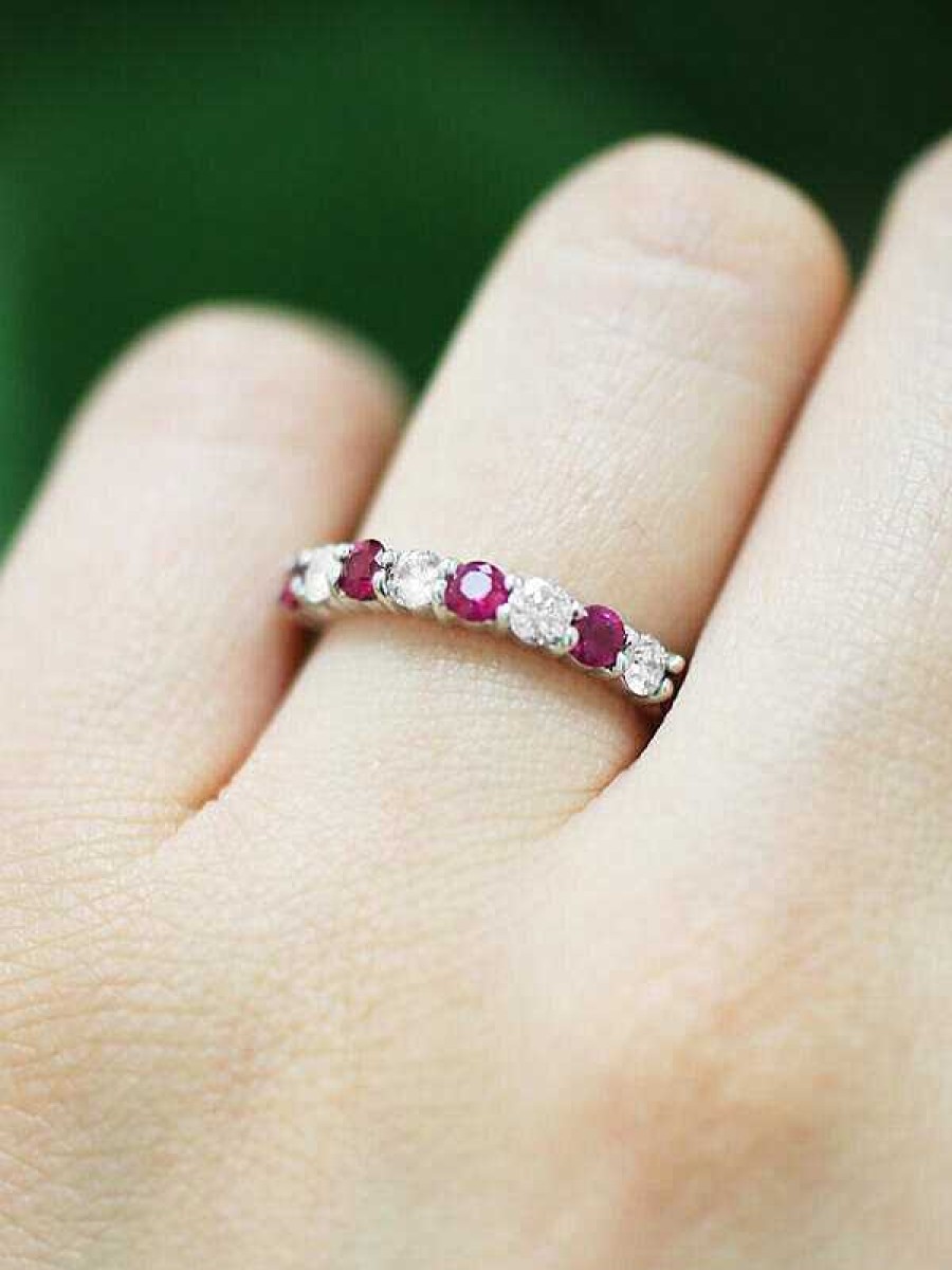 Stones & Gold Rings | Ruby And Diamond Wedding Band Solid Gold (14Kw) Colored Stone Stackable Ring