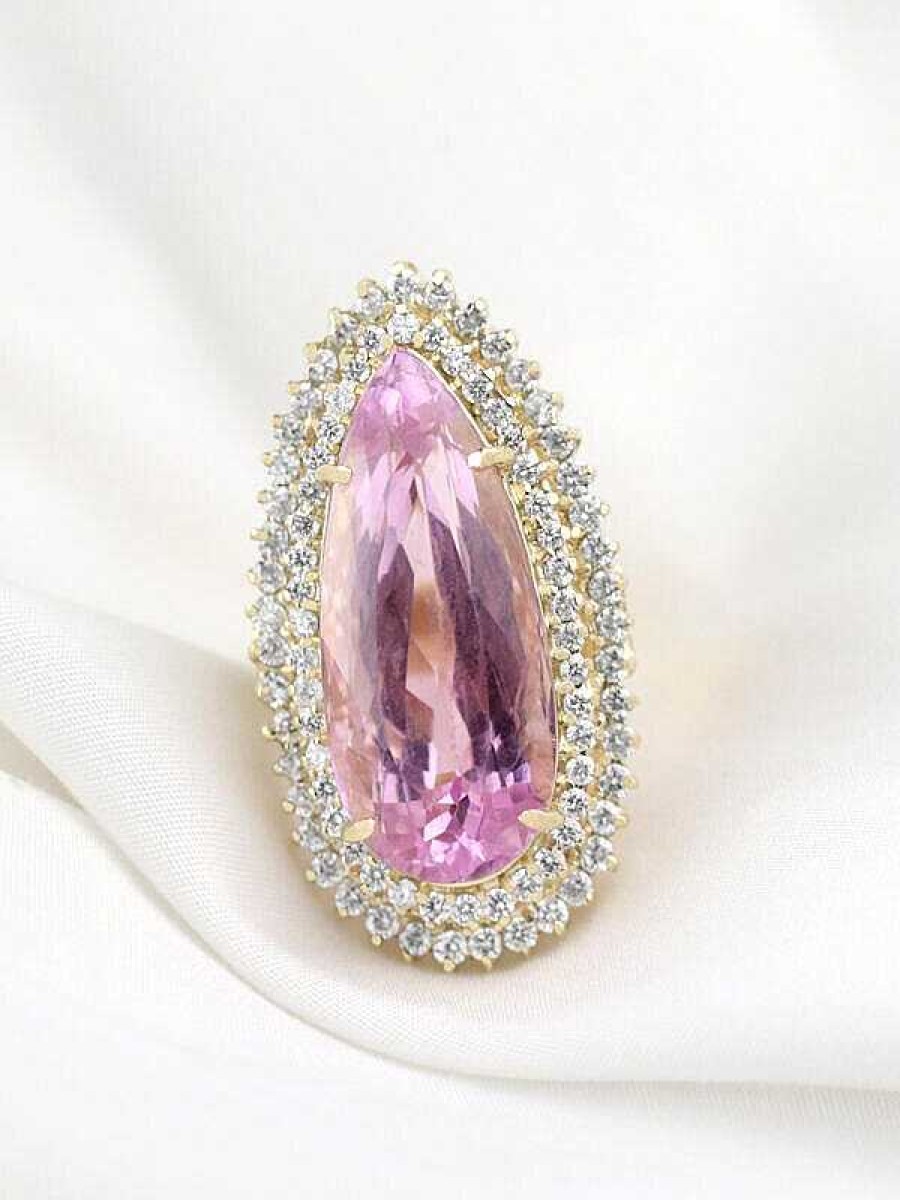 Stones & Gold Rings | 22.99Ct Natural Kunzite 2.13Ct Diamond Double Halo Cocktail Ring