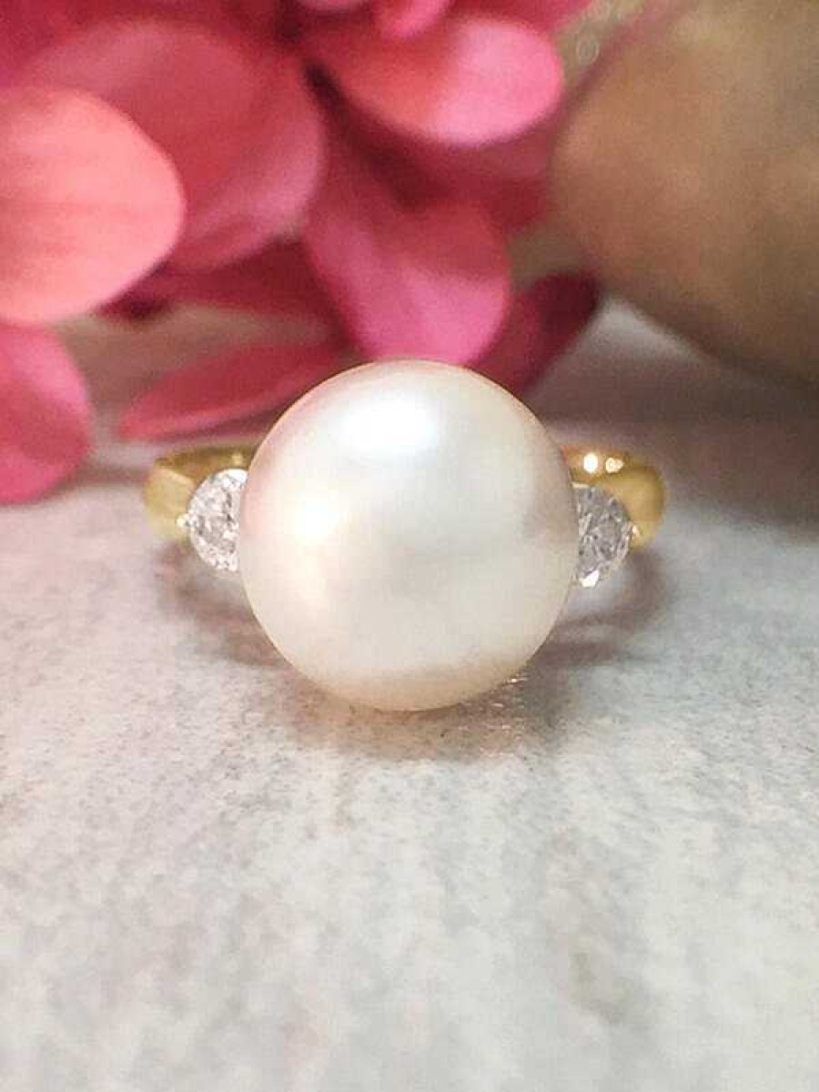 Stones & Gold Rings | 8Mm Pearl And Diamond Solid Gold (14Kw) Estate Ring