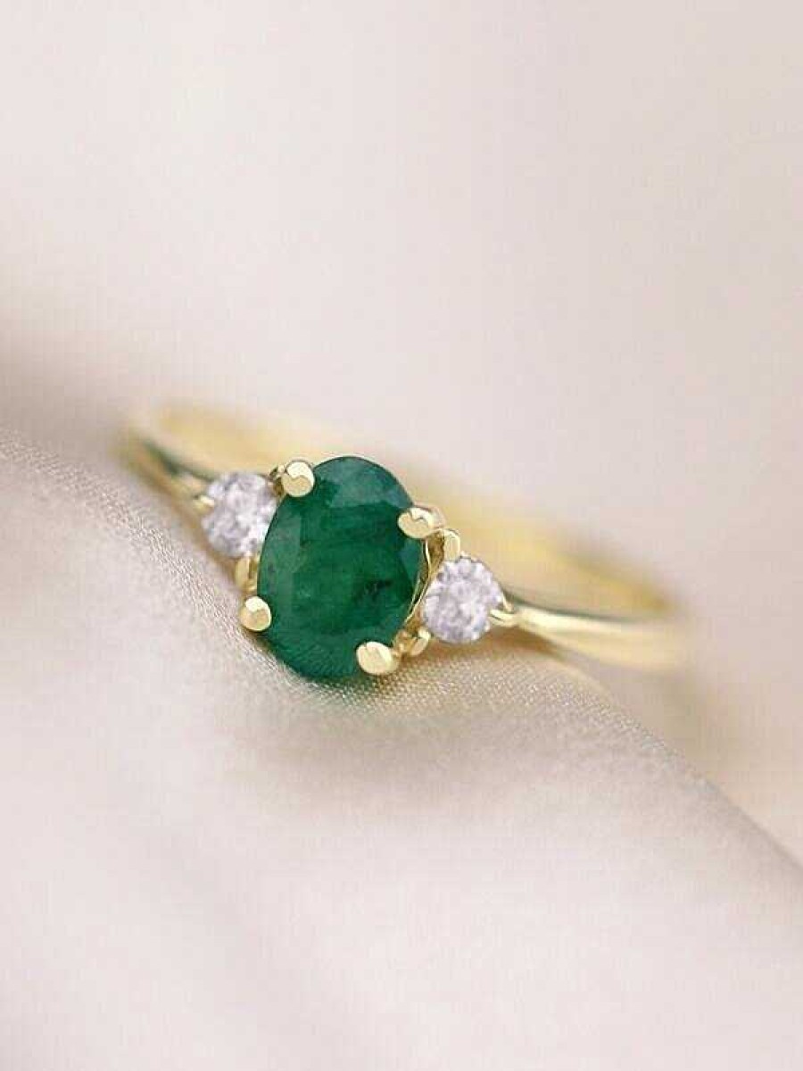 Stones & Gold Rings | 5X7Mm Emerald And Diamond Engagement Solid 14K Gold Wedding Ring