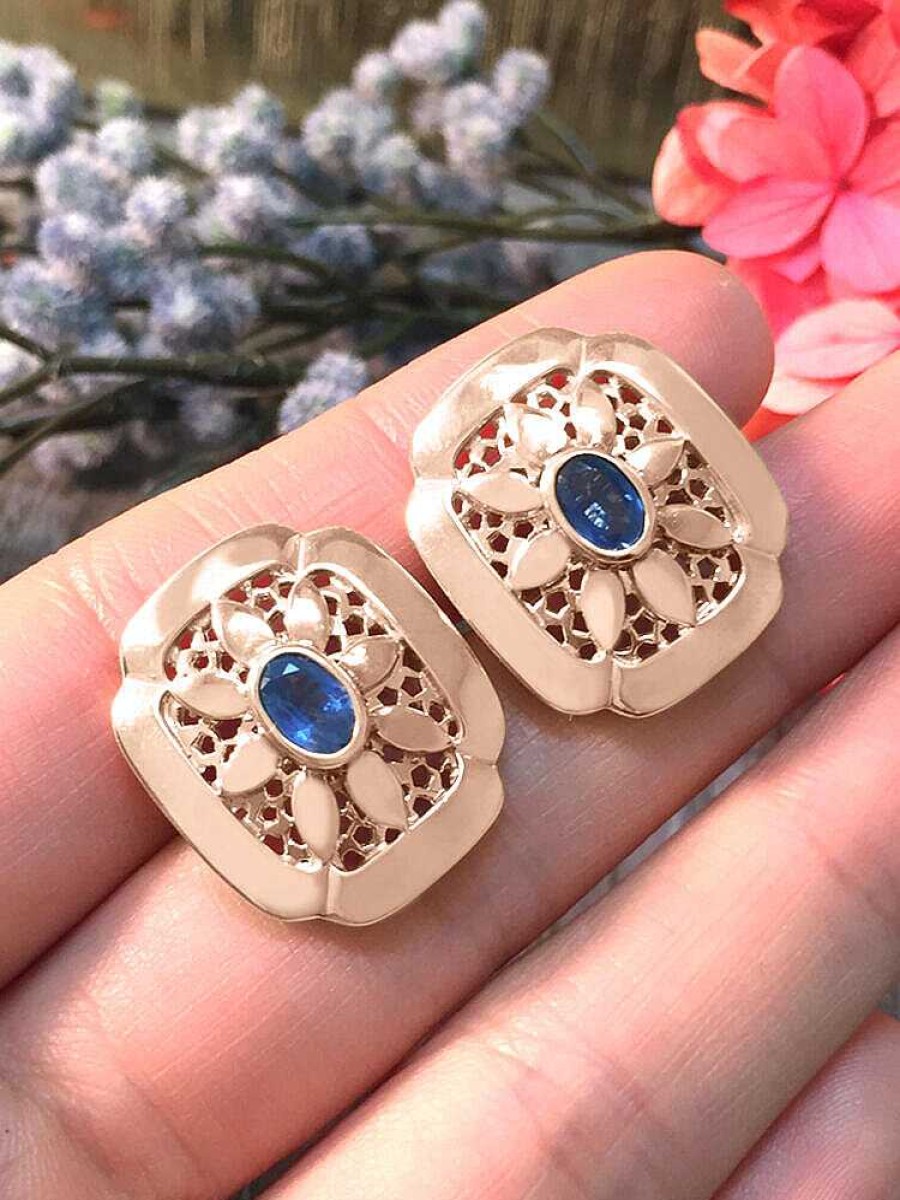 Stones & Gold Cuff Links | Blue Sapphire Shield Solid Gold (14Kr) Colored Stone Men'S Cufflink