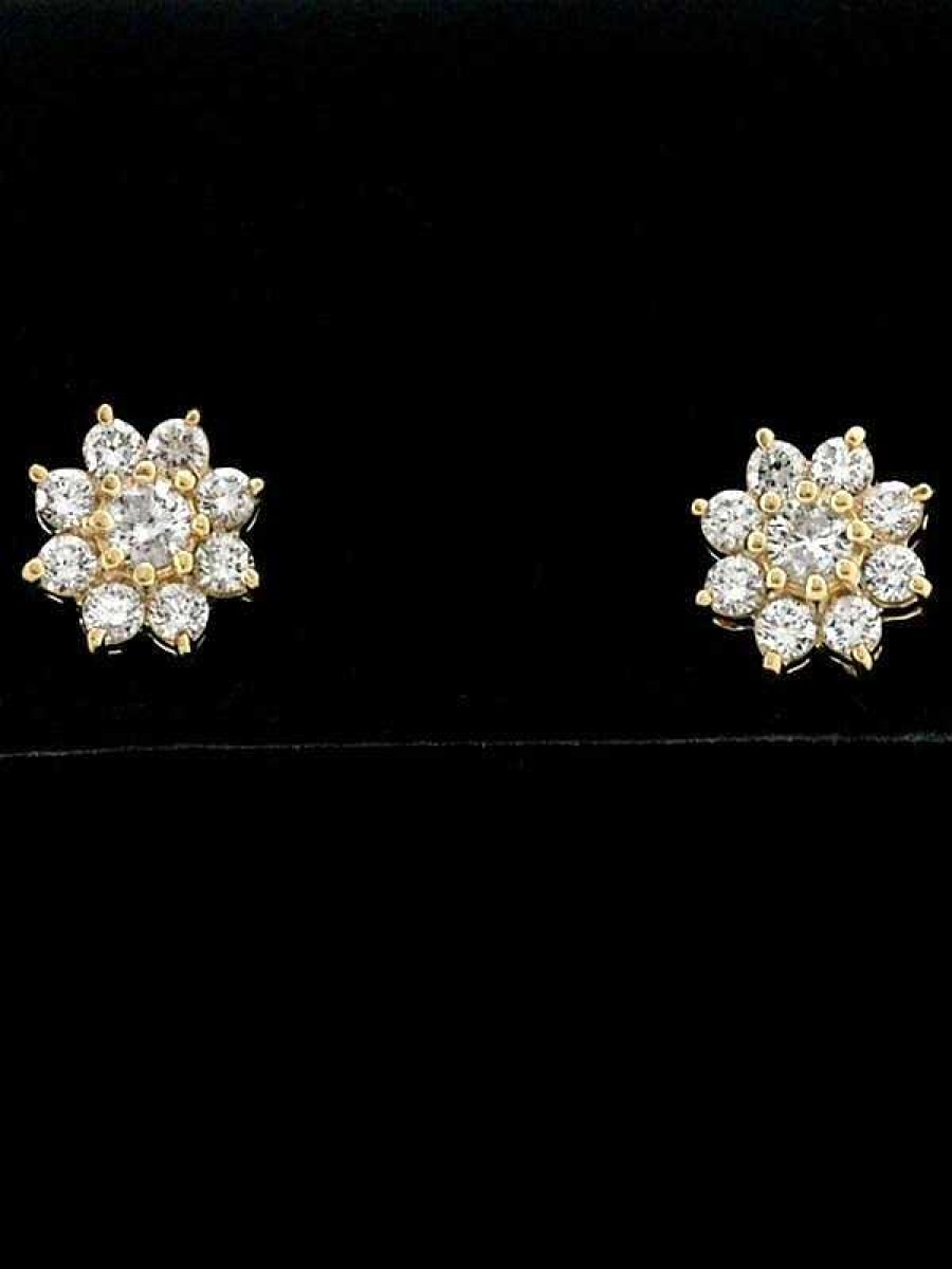 Stones & Gold Earrings | 8X8Mm Diamond Cluster Halo Floral Solid 14 Karat Gold Stud Earrings