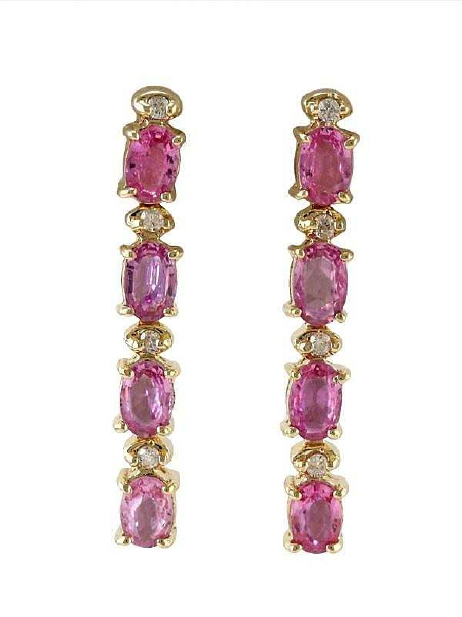 Stones & Gold Earrings | 6X4Mm Pink Sapphire And Diamond Solid 14K Gold Dangle Earrings