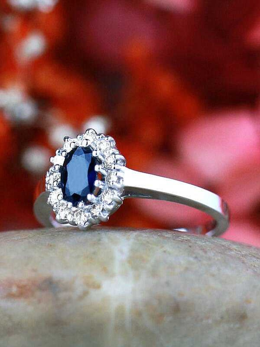 Stones & Gold Rings | Blue Sapphire And Diamond Halo Engagement Ring | Prong Setting | Polished Finish | Solid 14K Gold