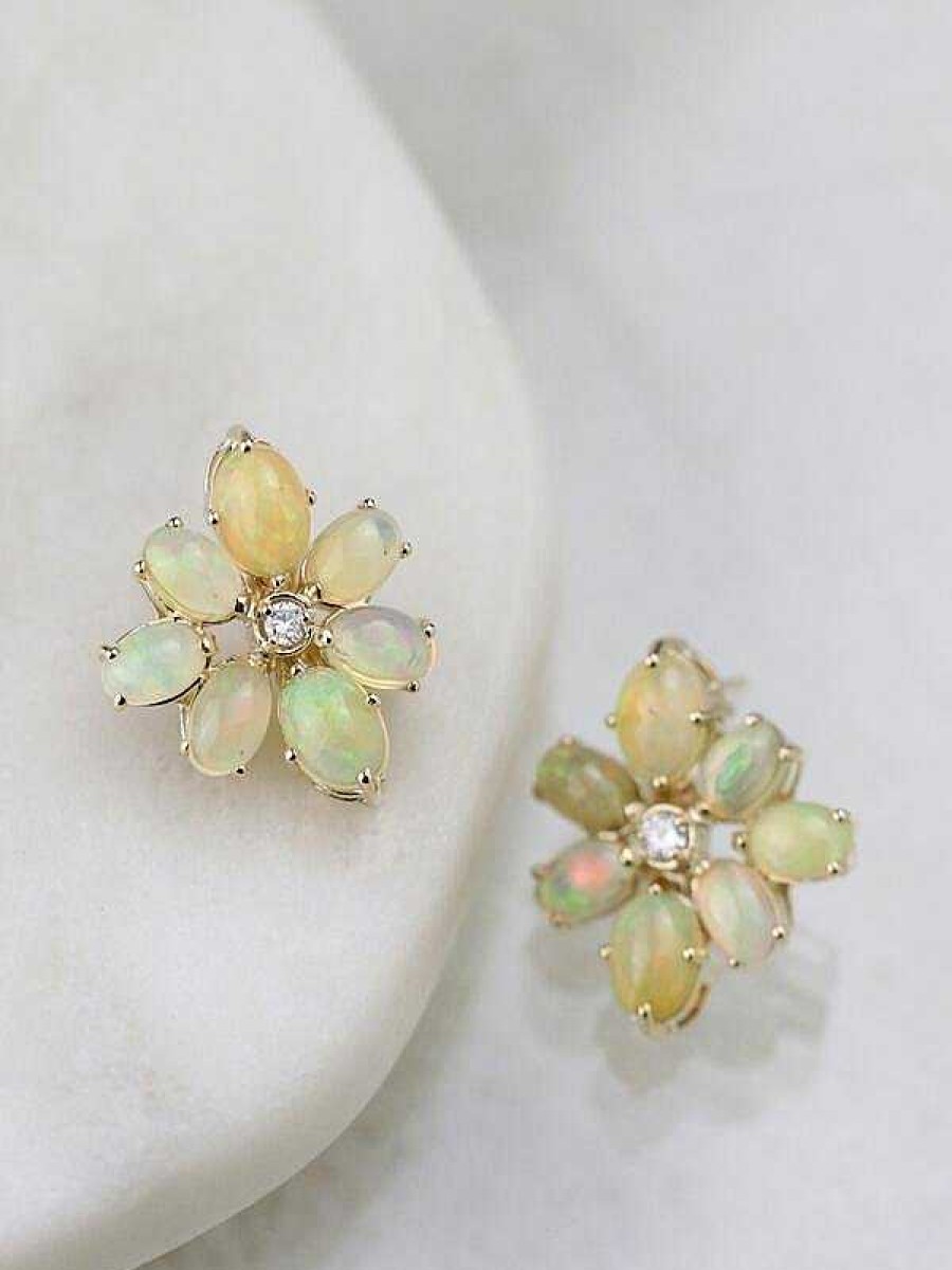 Stones & Gold Earrings | 18X22Mm Opal And Diamond Cluster Stud Solid 14K Gold Colored Stone Earrings