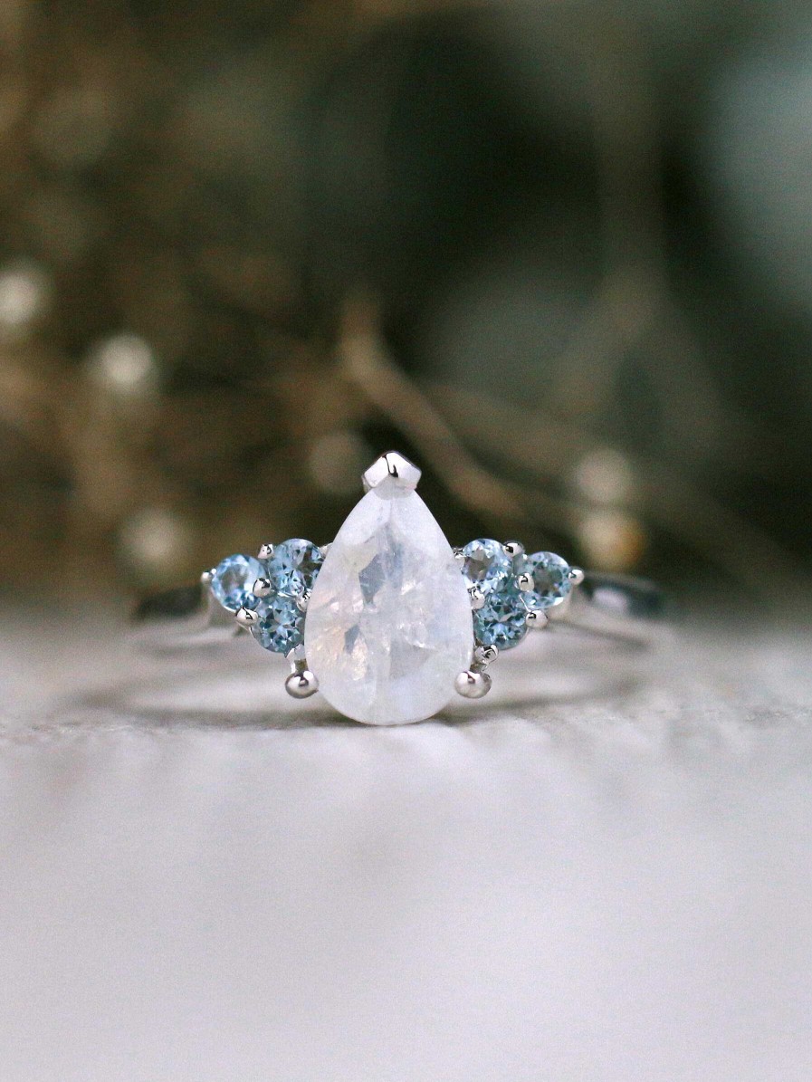 Stones & Gold Rings | Moonstone And Aquamarine Cluster Engagement Solid 14 Karat Ring