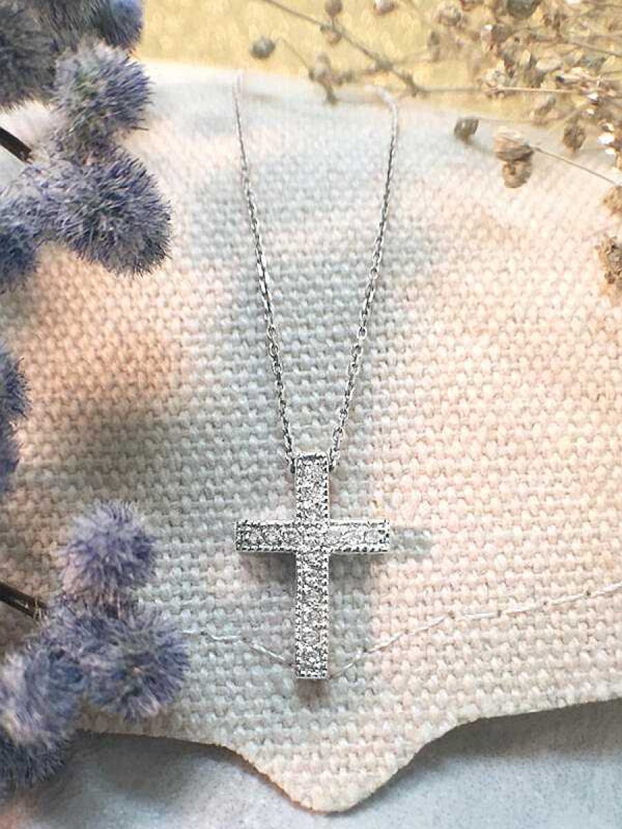 Stones & Gold Necklaces | Cross Diamond Pendant Solid Gold (14Kw) With Bonus 14Kw Chain Religious Necklace