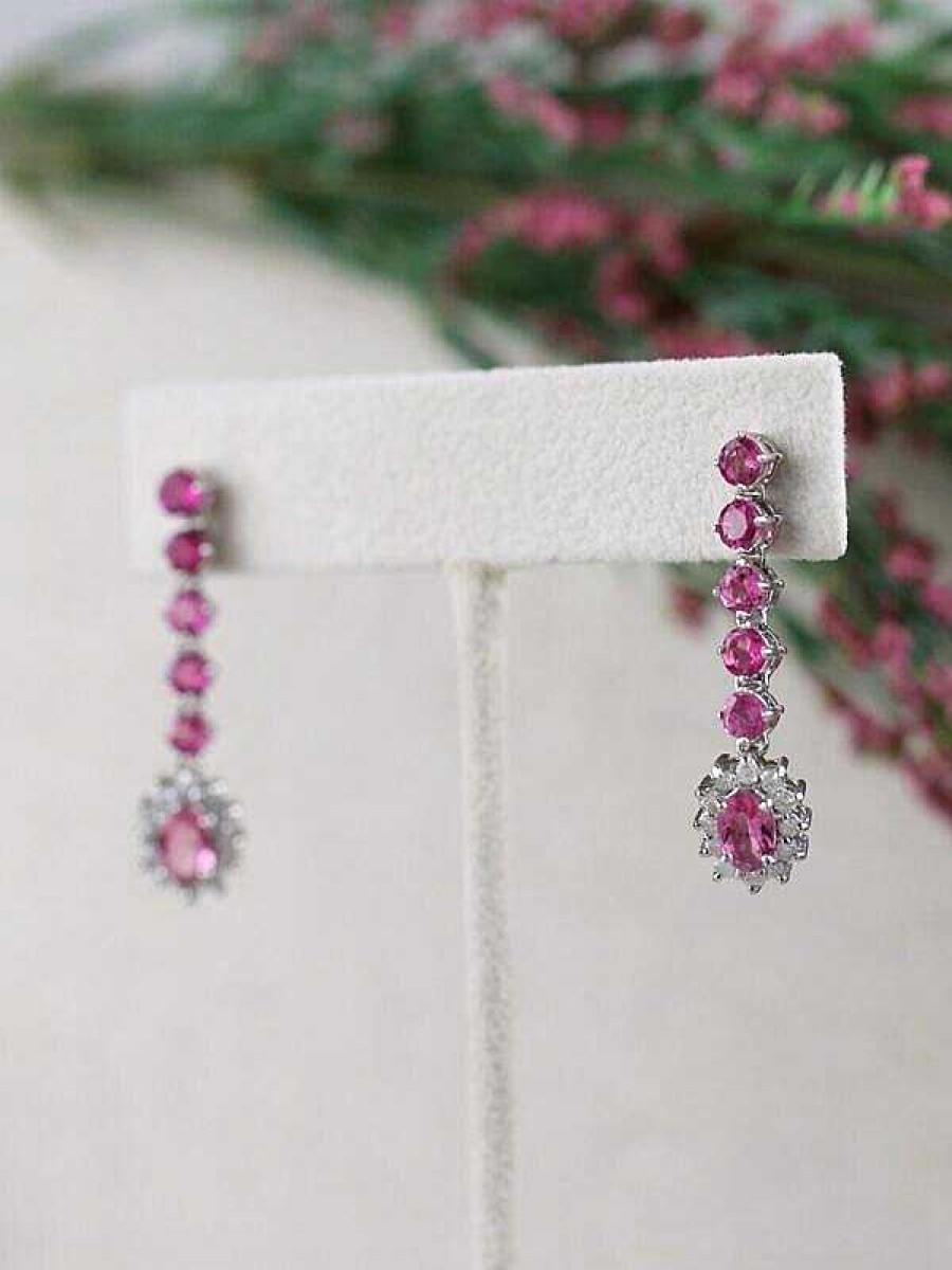 Stones & Gold Earrings | Pink Tourmaline And Diamond Halo Dangle Solid Gold (14Kw) Colored Stone Earrings