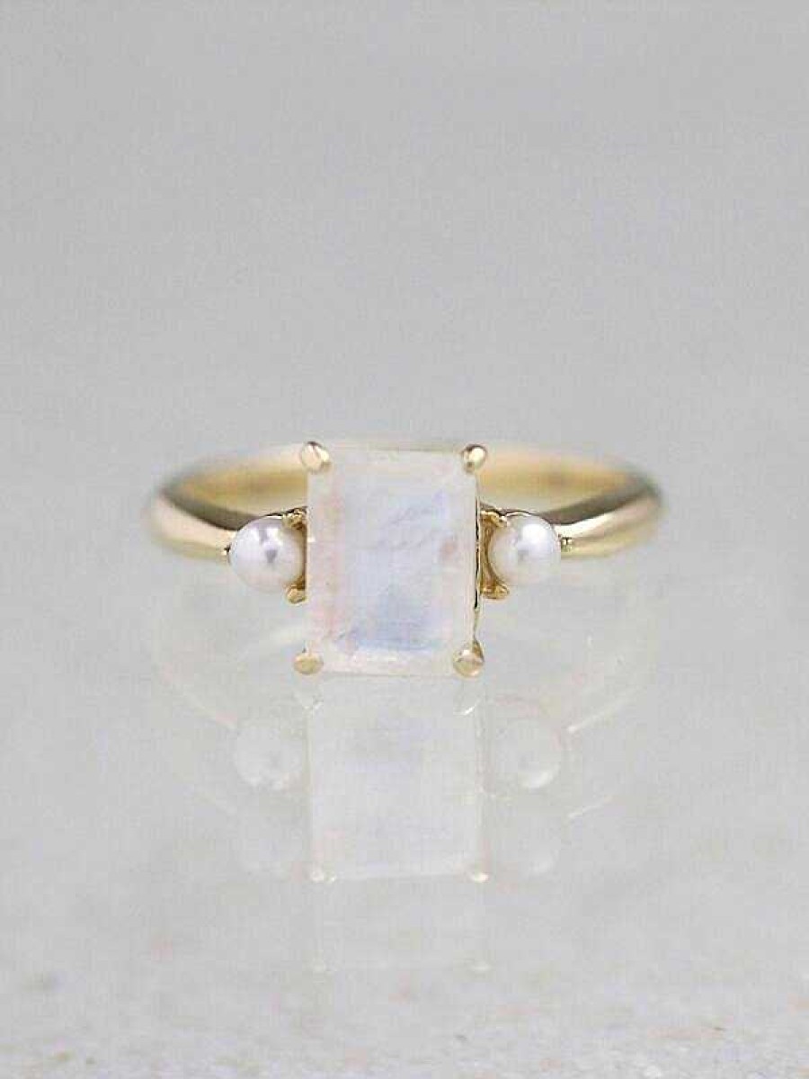 Stones & Gold Rings | 8X6Mm Emerald Cut Moonstone And Pearl Solid 14 Karat Gold Ring