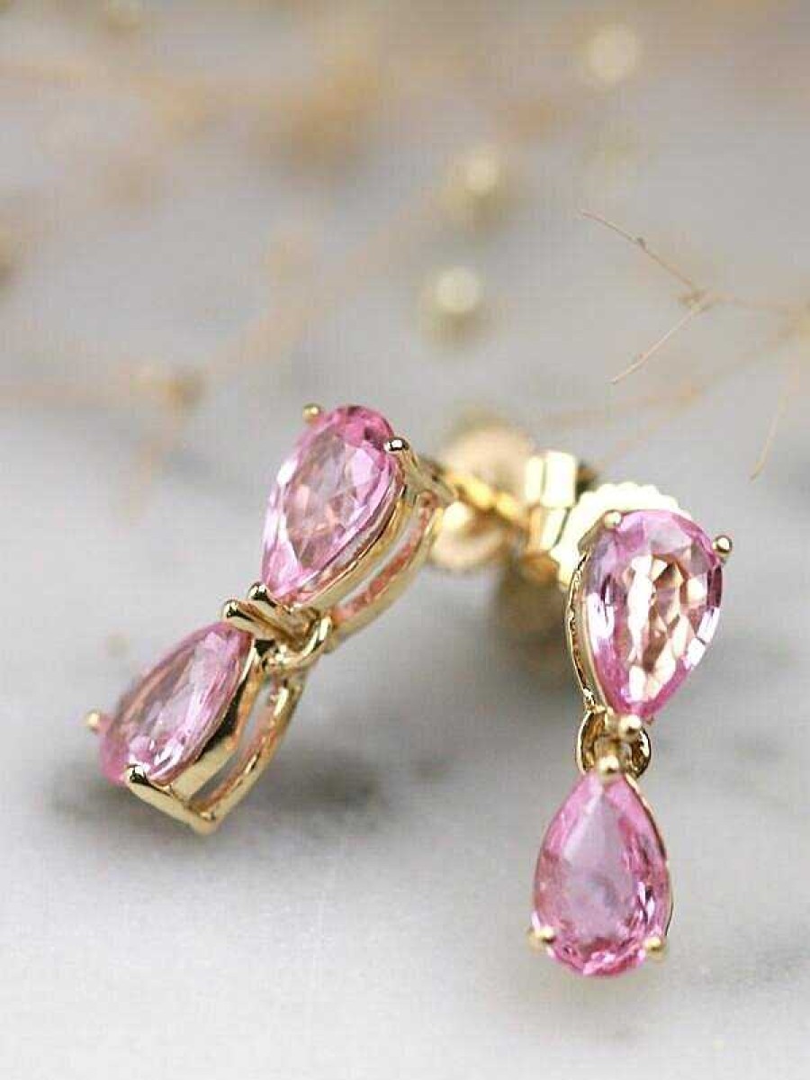 Stones & Gold Earrings | Natural Pink Sapphire Teardrop Solid 14 Karat Gold Chandelier Earrings