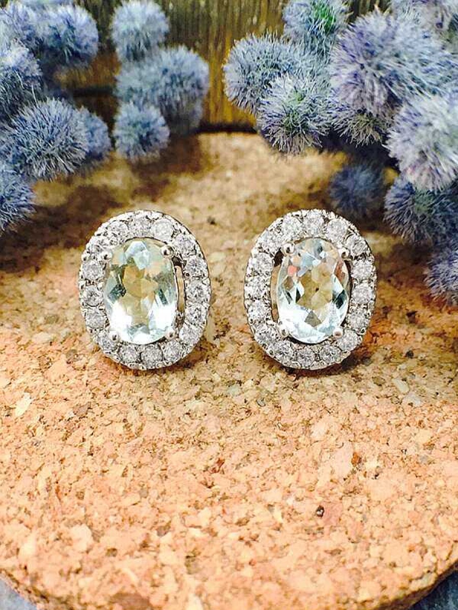 Stones & Gold Earrings | Aquamarine And Diamond Halo Stud Earrings