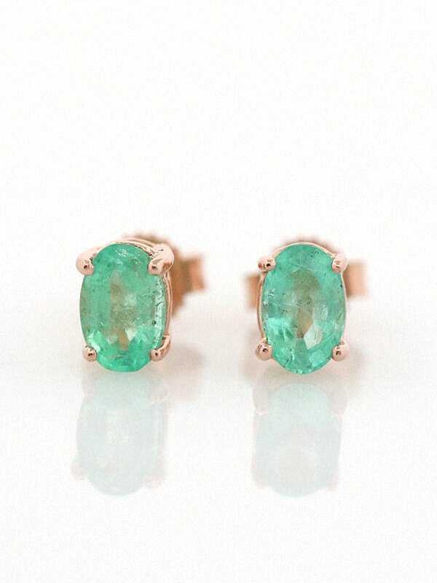 Stones & Gold Earrings | 6X4Mm Mint Green Emerald Solid 14 Karat Gold Stud Earrings